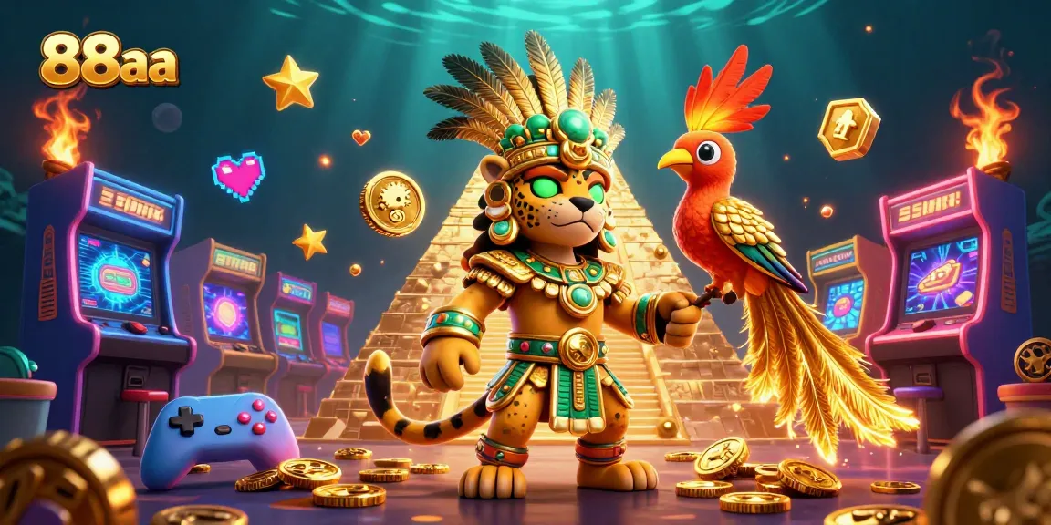 Engage with 88aa's vibrant casino experience featuring a Mayan jaguar priest and gaming elements surrounded by dynamic visuals.