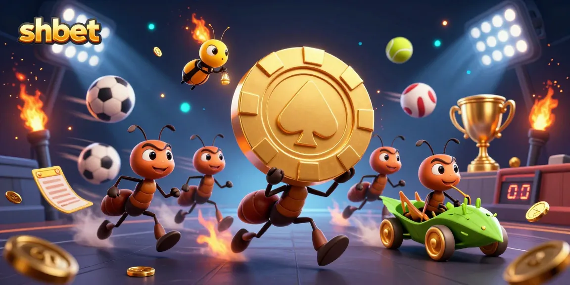 Experience thrilling action with shbet as animated ants heist a giant poker chip amidst vibrant casino elements.