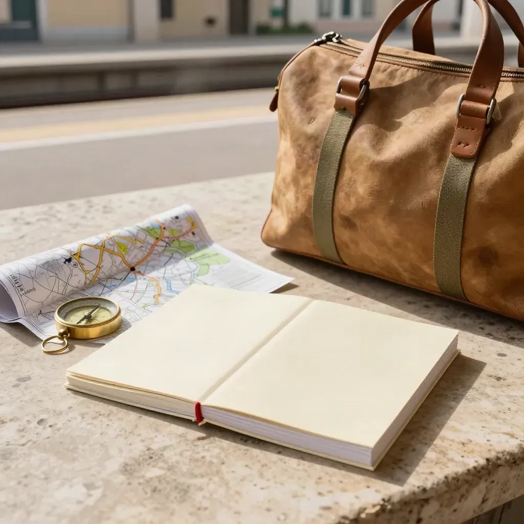 Tre guide Borghi Italia, mappa e borsa da weekend su una terrazza di stazione assolata.