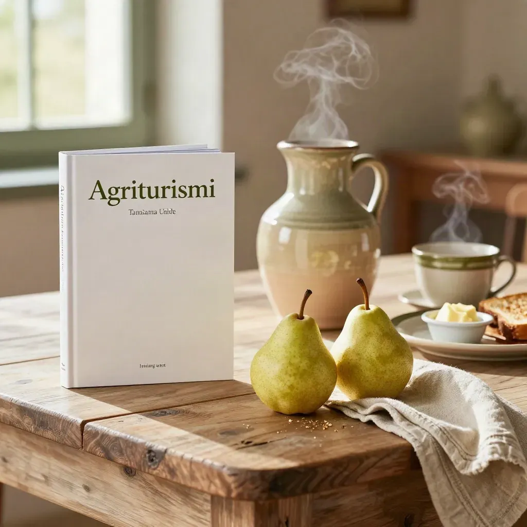 Guida sugli agriturismi toscani accanto a brocca in terracotta, pere e vassoio della colazione