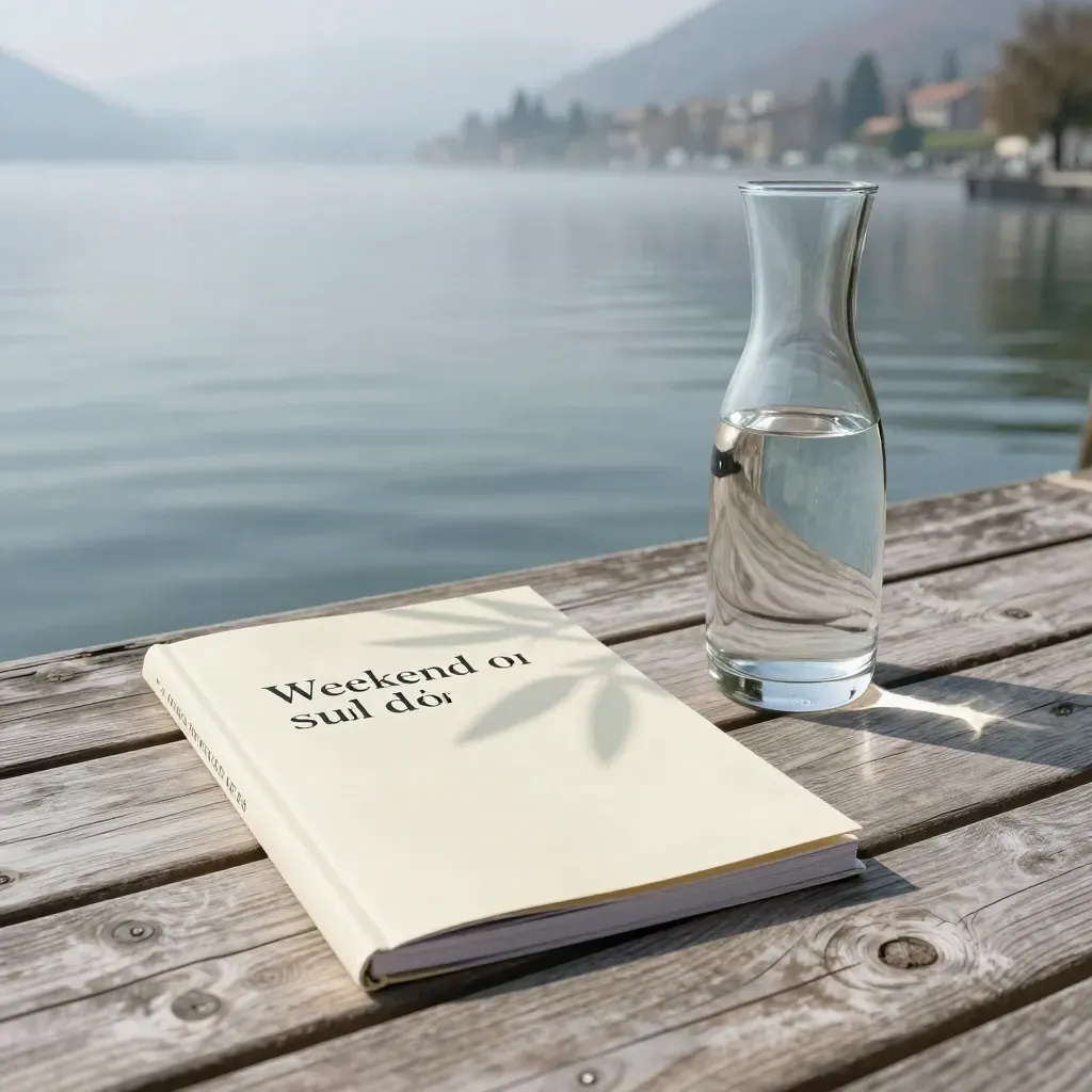 Guida di viaggio crema sul pontile del Lago di Como con caraffa di vetro e riflessi nella nebbia