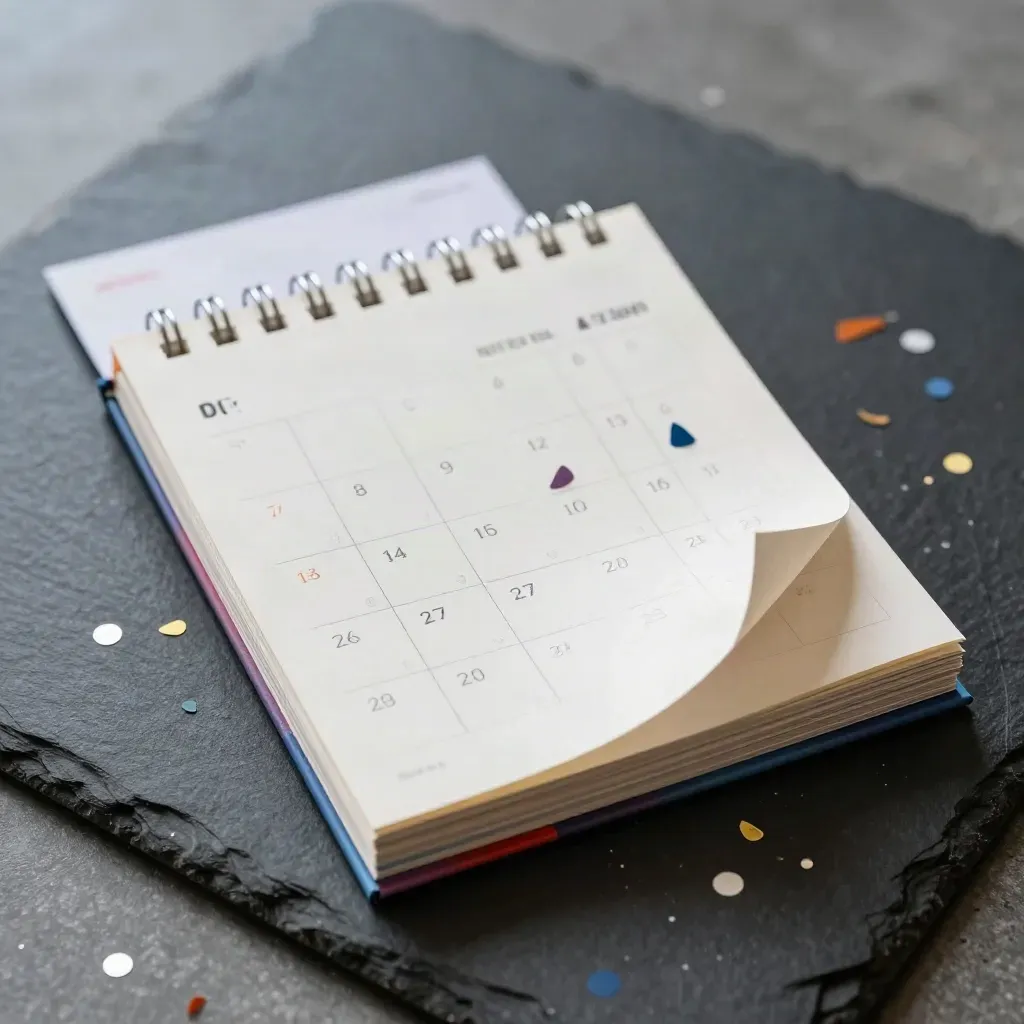 Brossura calendario sagre con alette colorate e coriandoli di carta su fondo scuro.