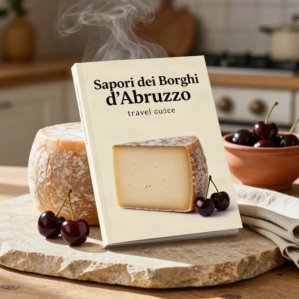 Guida d’Abruzzo con pecorino, ciliegie, ciotola in ceramica e lino rustico.