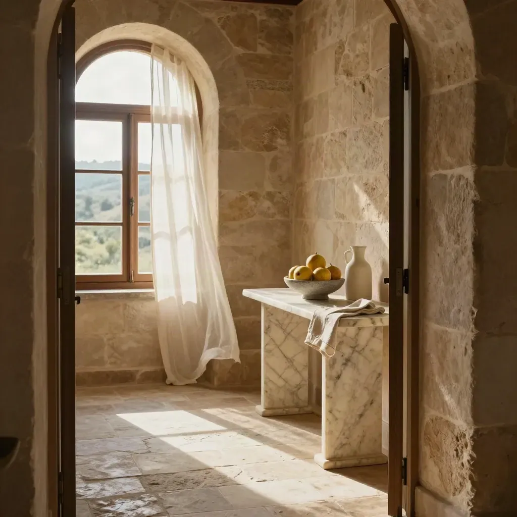 Sala colazione in villa di pietra, luce del mattino, finestra ad arco e sideboard in marmo.