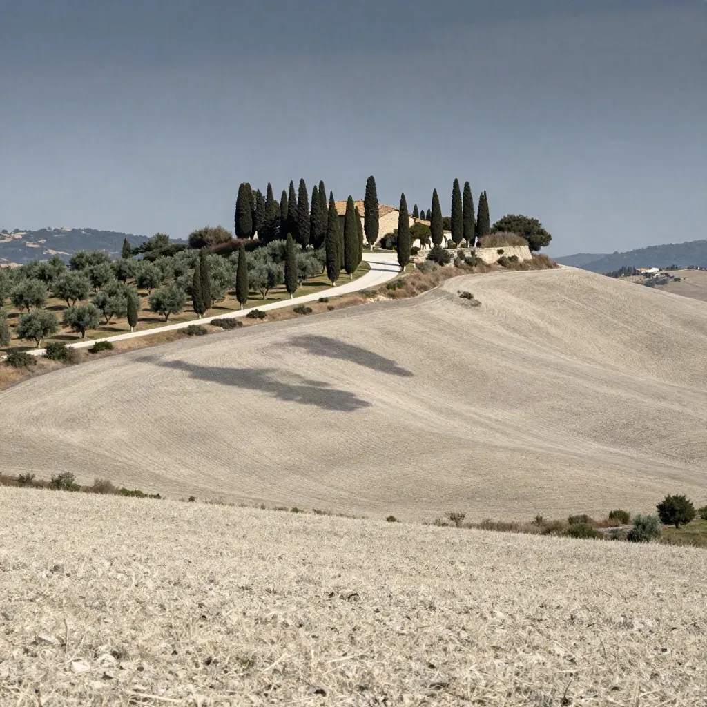 Strada collinare tra cipressi e olivi con borgo in lontananza e valle velata.