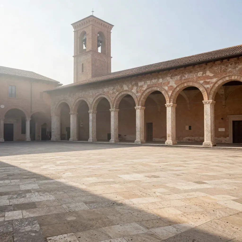 Piazza medievale vuota con arcate in ombra, campanile e nebbia sulle pietre chiare.