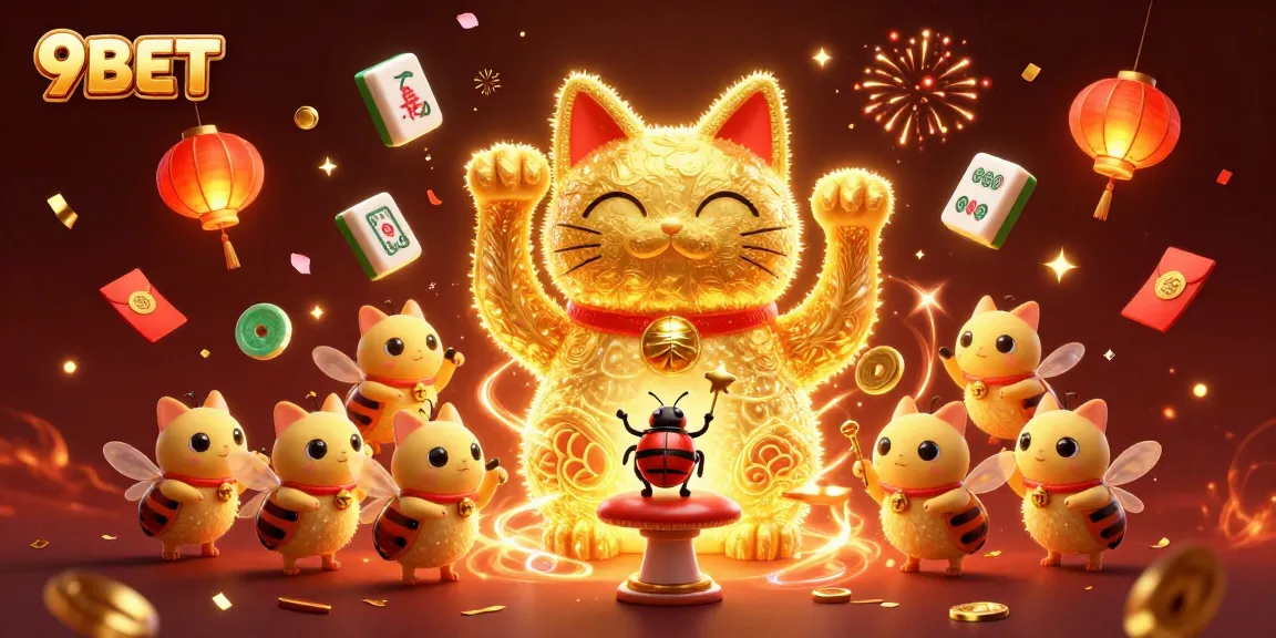 Experience the vibrant 9BET casino world through a colorful, dynamic illustration with lucky symbols and festive elements.