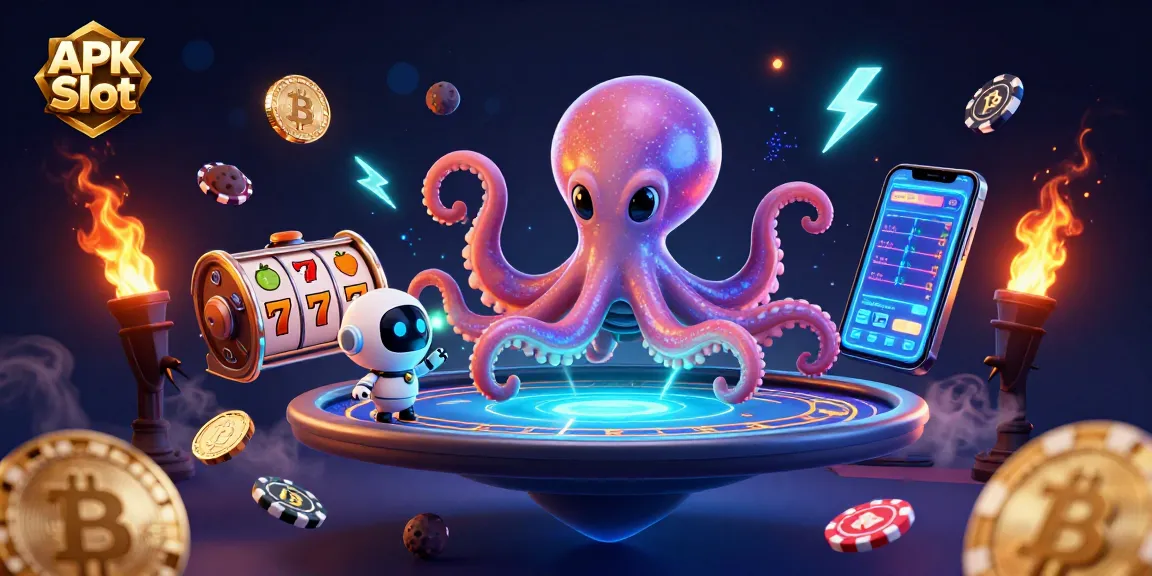 Spin and win with APK Slot in a vibrant 3D digital casino illustration showcasing dynamic game elements.