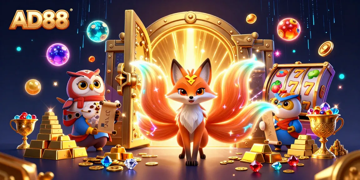 Experience the winning magic of AD88 with vibrant 3D casino elements and enchanting characters.