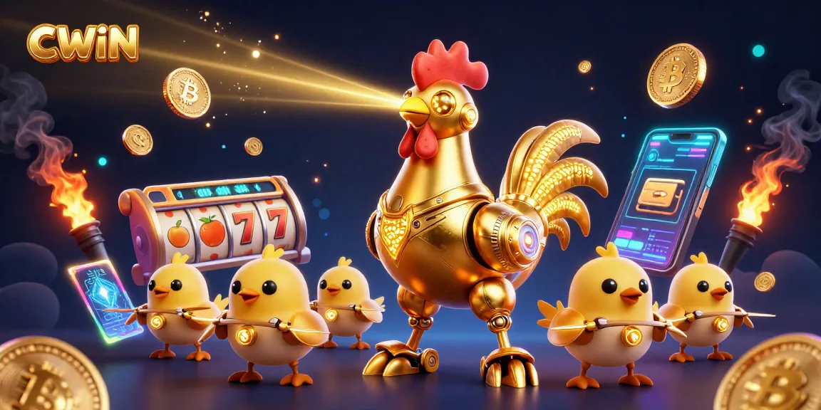 CWIN thrills players with a vibrant gaming scene featuring a golden rooster robot and exciting slot symbols.