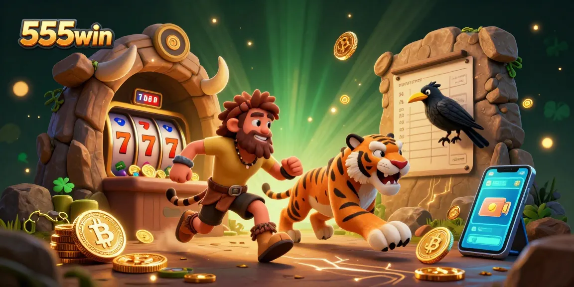 Experience excitement at 555win with a vibrant 3D casino illustration showcasing thrilling slot games and jackpot wins.