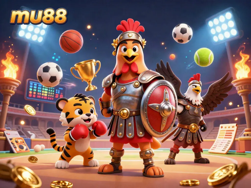 Engage in thrilling sports betting strategies at mu88 with interactive 3D characters and vibrant casino elements.
