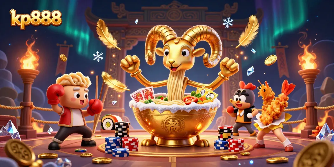 Engage with kp888's vibrant casino scene featuring a golden ramen bowl dealing cards and winning elements.