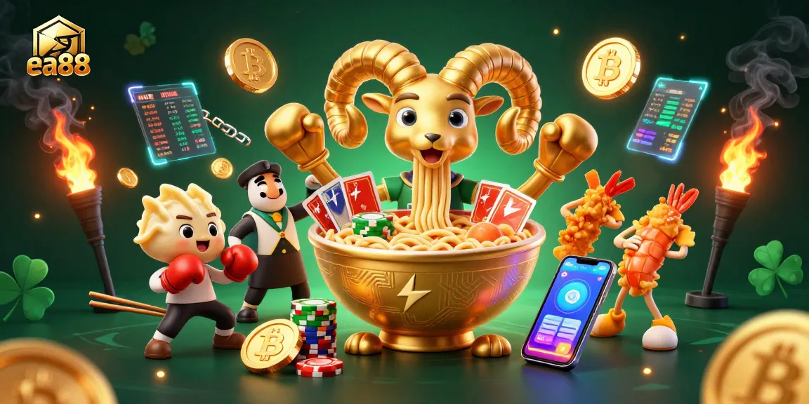 Exciting gambling scene featuring ea88 with a giant ramen bowl dealer, crypto coins, and vibrant casino elements.