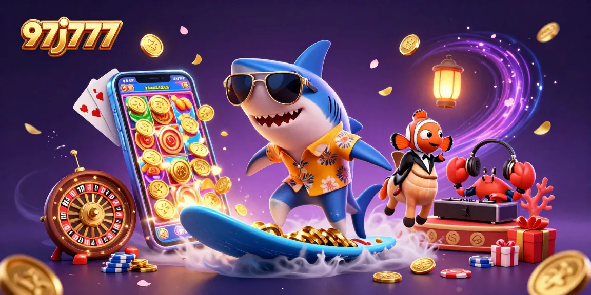 Experience thrilling gameplay at 97j777 with a dynamic illustration of casino characters and game elements.