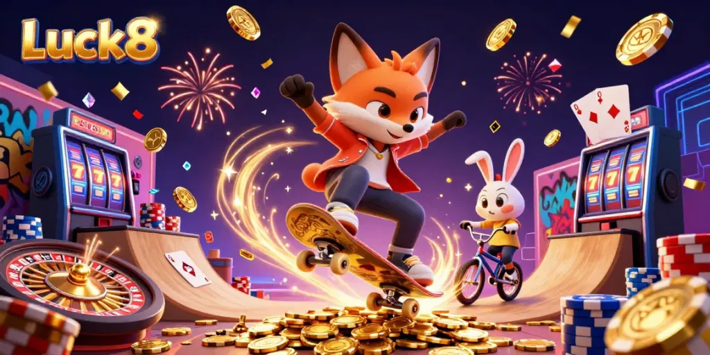 Experience the excitement of Luck8 with a vibrant illustration of casino-themed characters and elements.