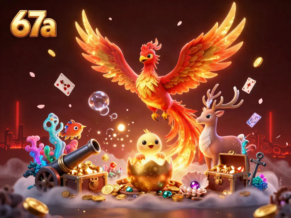Experience the magical world of 67a with a vivid 3D phoenix and treasures amidst vibrant casino elements.