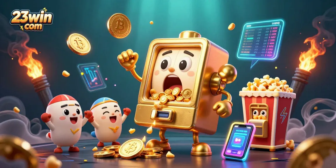 Experience excitement with 23win com as a cartoon golden slot machine hits the jackpot, spilling coins.