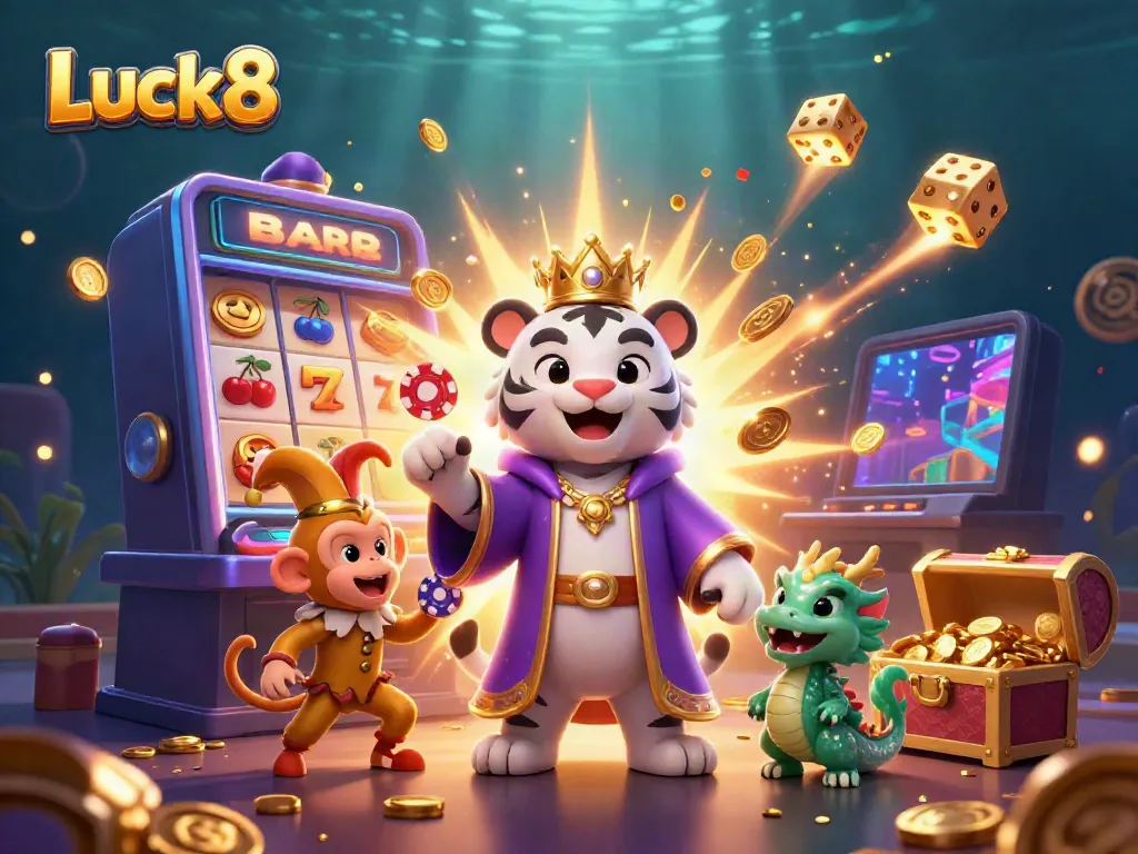 Experience Luck8's vibrant gaming world with a playful scene featuring a white tiger, monkey, and gold treasures.
