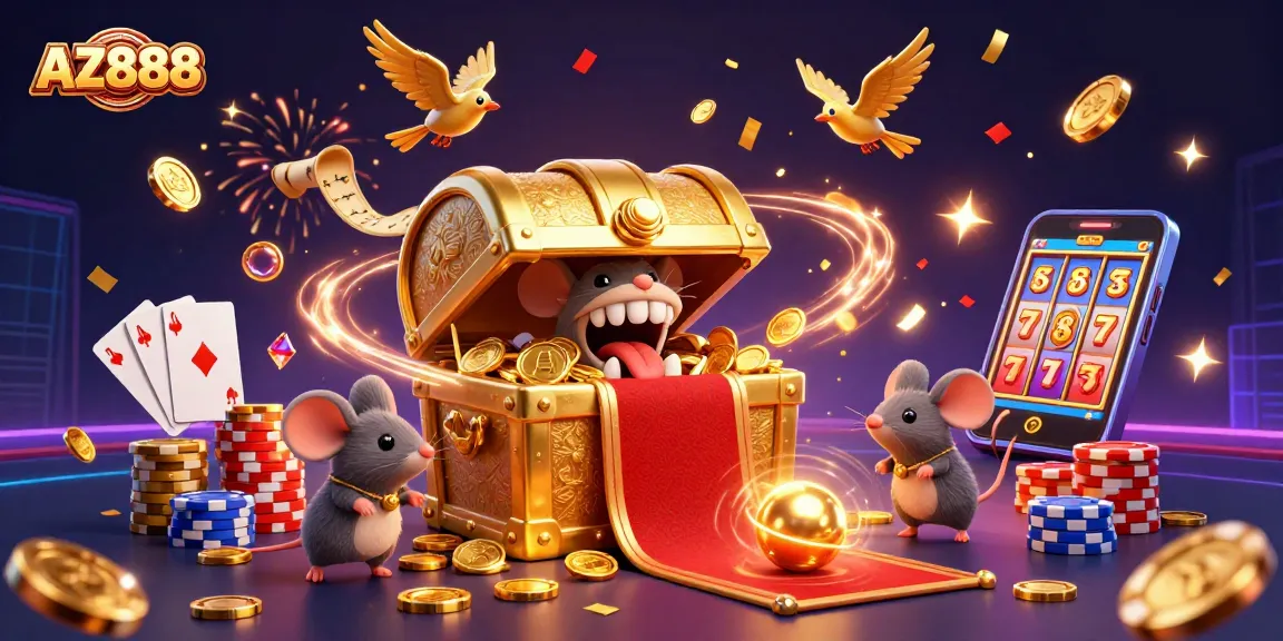 Experience excitement at AZ888 casino with a treasure chest and mice lured by riches.