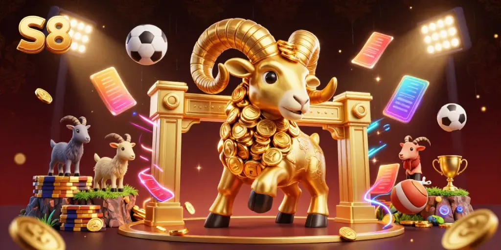 Engage with S8's thrilling online betting experience, featuring dynamic golden ram and vibrant sports elements.