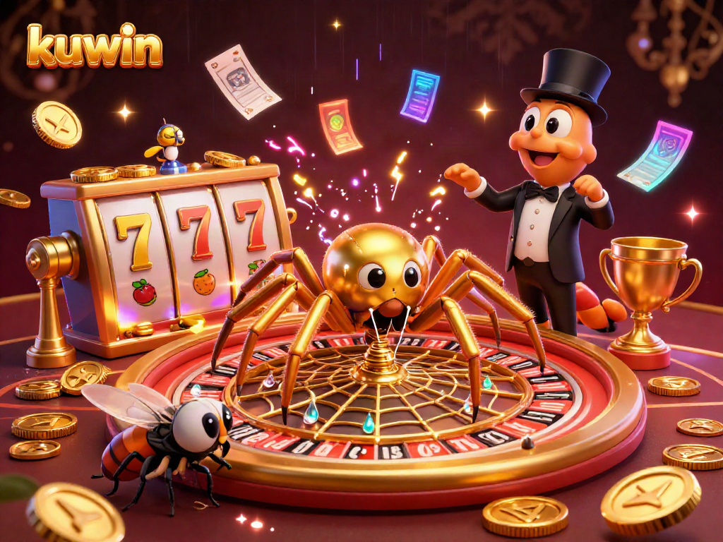 Experience the excitement of kuwin with a golden spider and roulette web in this vibrant casino scene.