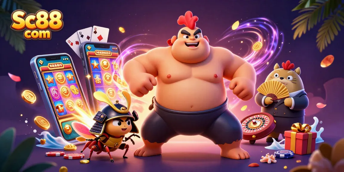 Engage with Sc88 com's thrilling gameplay featuring powerful characters and vibrant casino elements in action.