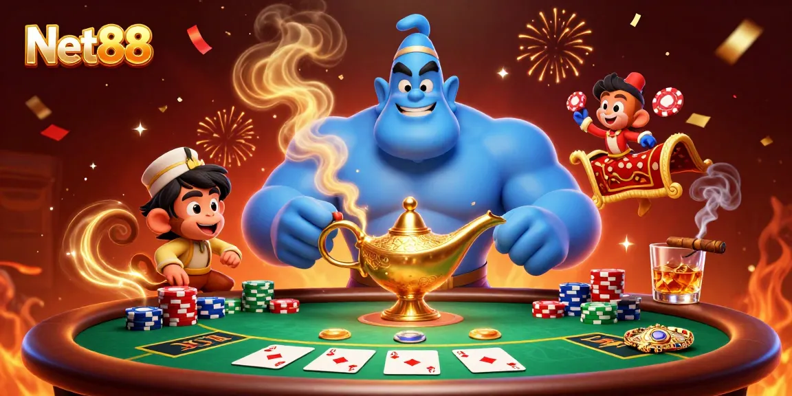 Experience casino excitement with Net88's 3D genie and magical poker scene.