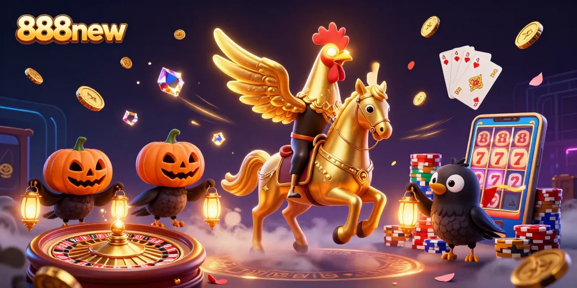 Experience the excitement of 888new with a golden rooster and casino elements illuminating the night.