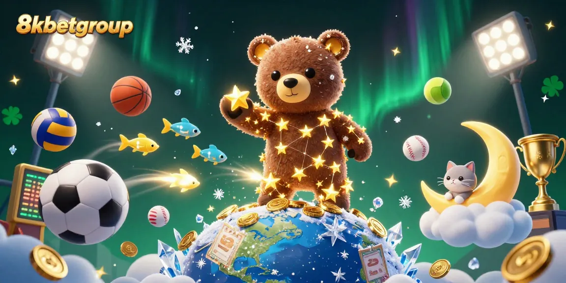Experience the magic of 8kbetgroup with a 3D illustration of casino elements and characters.