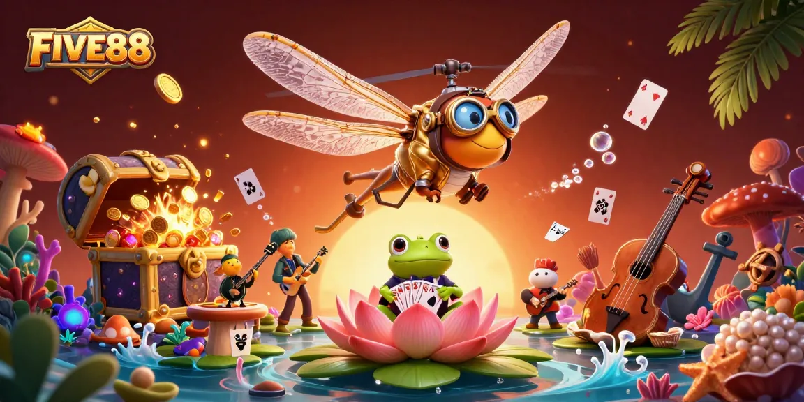 Engage with FIVE88's lively casino experience featuring a dragonfly pilot, frog dealer, and jazzy cricket band.