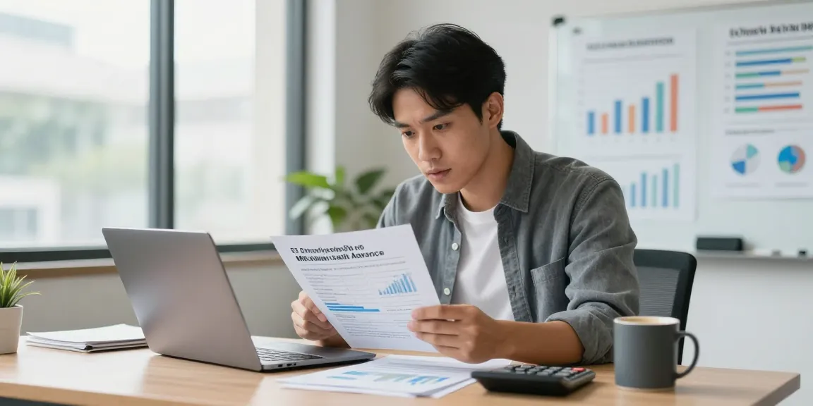 Focused business owner analyzing options to get a merchant cash advance amid financial documents and laptop.