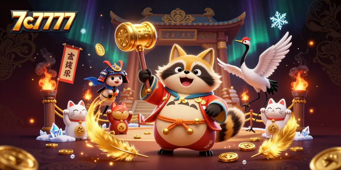 Experience thrilling gameplay with 7c7777 as a cheerful tanuki and fortune cats create excitement in a vibrant casino scene.