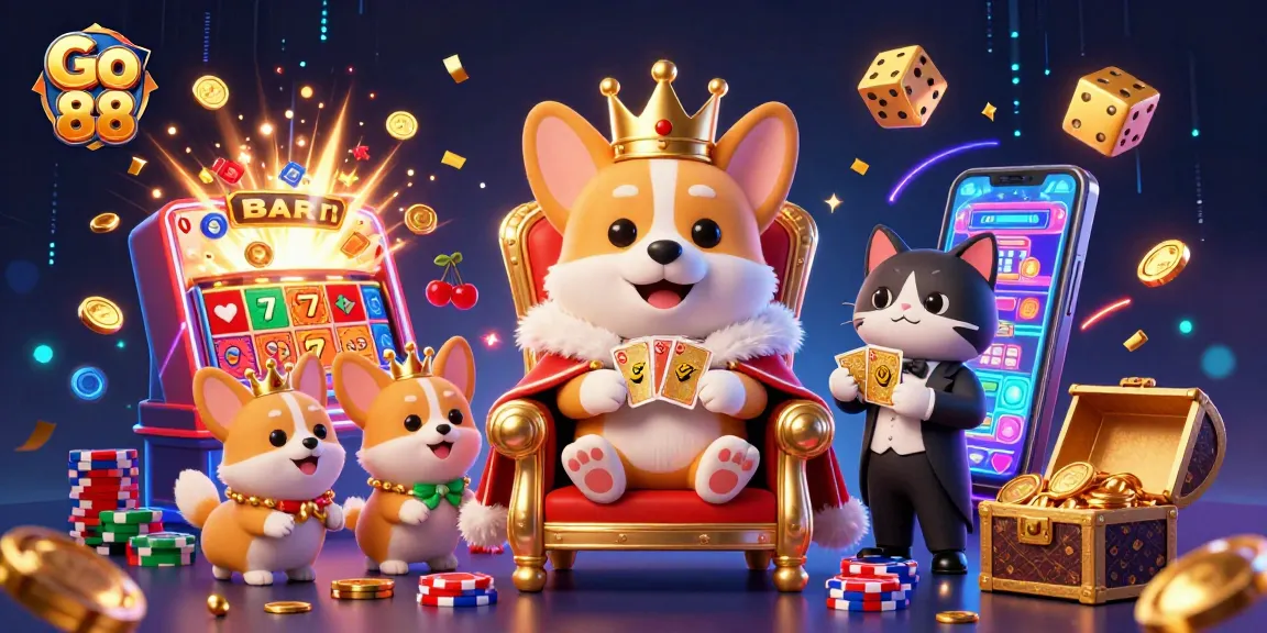 Experience the thrill of Go 88 with a vibrant 3D casino scene featuring royal corgis and jackpot excitement.