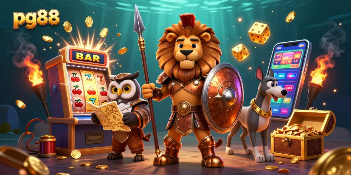 Engage with pg88’s vibrant casino atmosphere featuring a heroic lion and glowing jackpot amid dynamic gaming elements.
