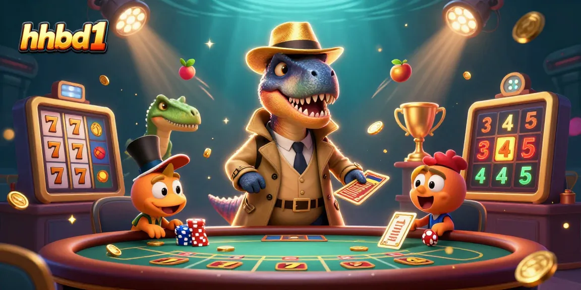 hhbd1 showcases a cartoon velociraptor cunningly counting cards at a blackjack table amidst vibrant casino elements.