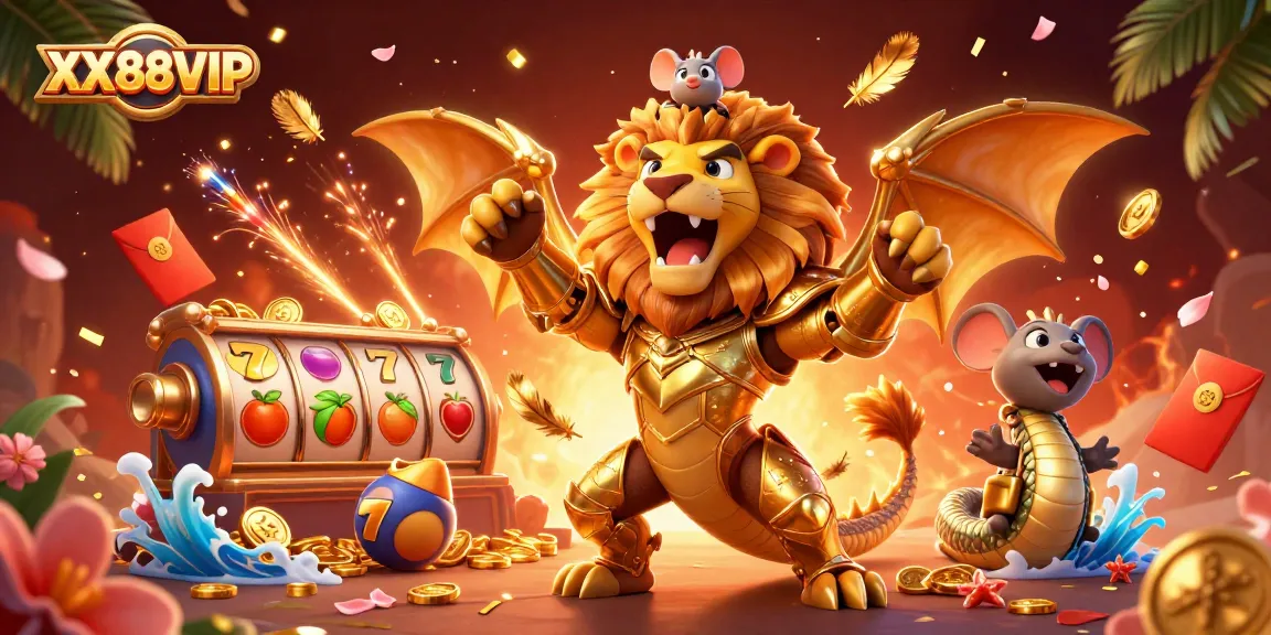 Experience the thrilling excitement of XX88VIP with a vivid illustration of a roaring chimera and slots.