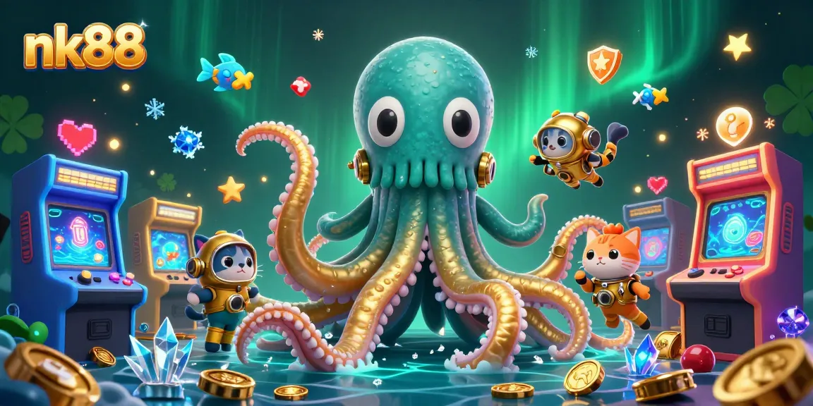 Experience thrilling gameplay with nk88 featuring a kraken, diving cat, and vibrant deep-sea creatures.