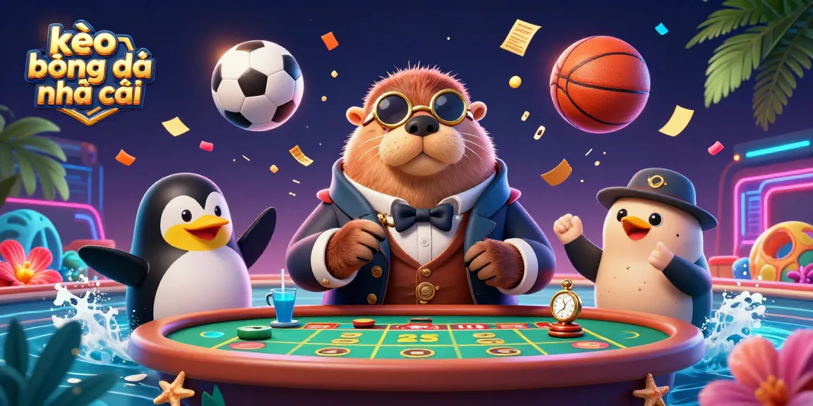 Experience kèo bóng đá nhà cái with a lively underwater sports betting scene featuring a walrus, penguin dealer, and pufferfish.