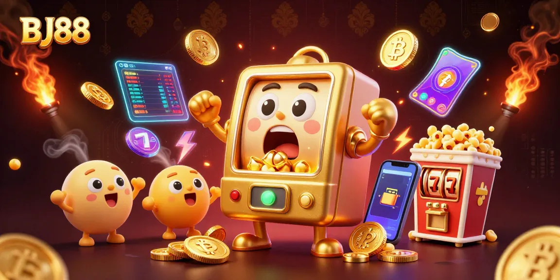 Experience thrilling jackpots with BJ88's exciting slot machine scene, filled with gold coins and vibrant elements.