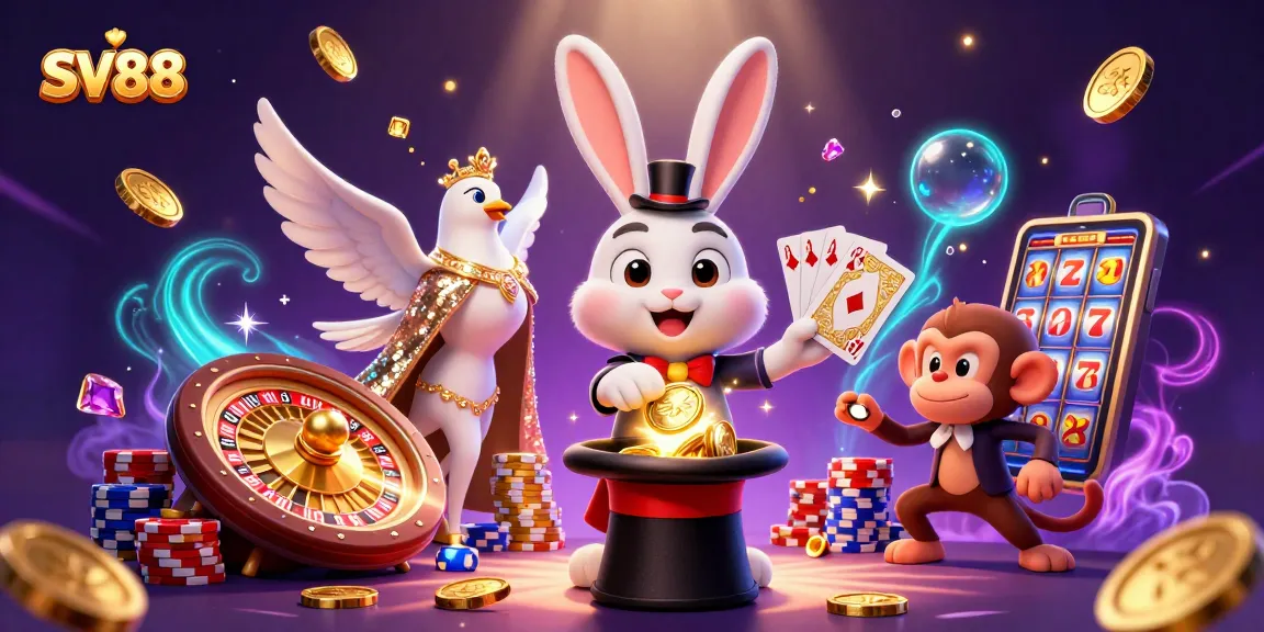 SV88 showcases a magical casino scene with a rabbit pulling golden coins, a dove, and a monkey stealing poker chips.