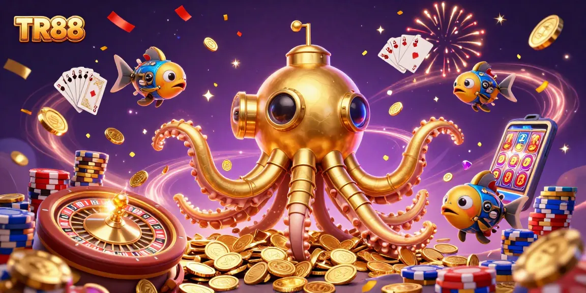 Experience TR88's vibrant casino energy with a kraken submarine amidst golden coins and dynamic game elements.