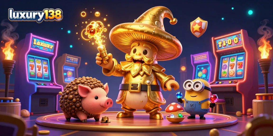Join the excitement at luxury138 with golden treasures and engaging arcade games in a vibrant casino scene.