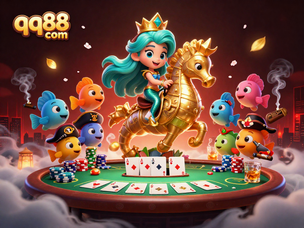 Experience the vibrant world of qq88 com with a colorful mermaid princess in a dynamic poker scene.