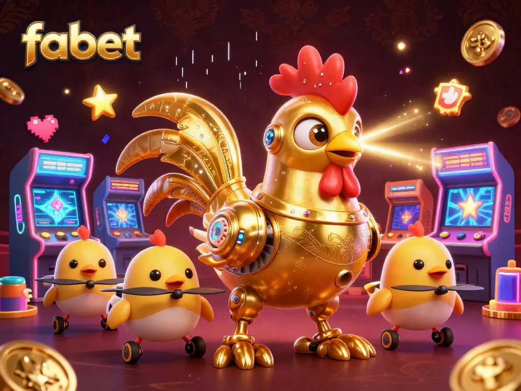Experience fabet’s vibrant gaming world with a dynamic scene showcasing retro-futuristic characters and casino elements.