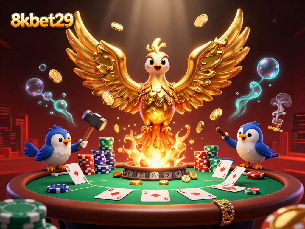 Engage with 8kbet29's vibrant casino scene showcasing the molten gold phoenix and poker elements.