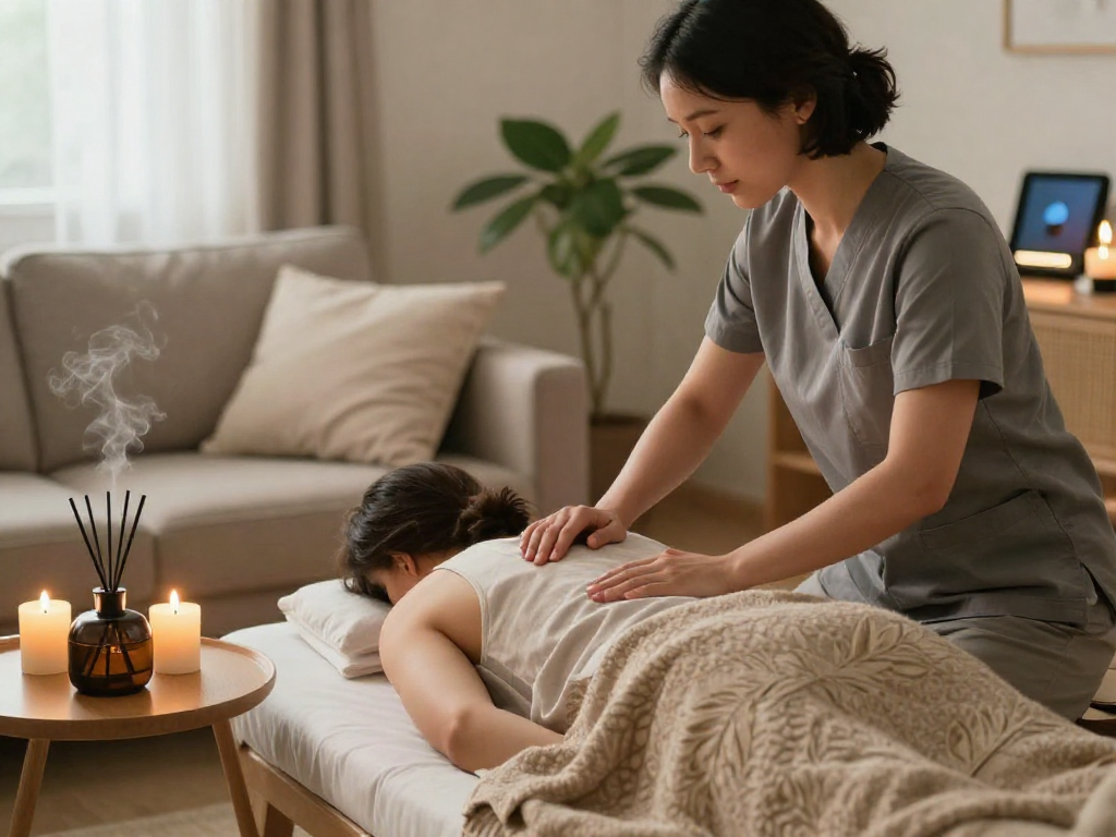 Enjoying a 출장마사지 session at home with a professional therapist in a calming environment, promoting relaxation and wellness.