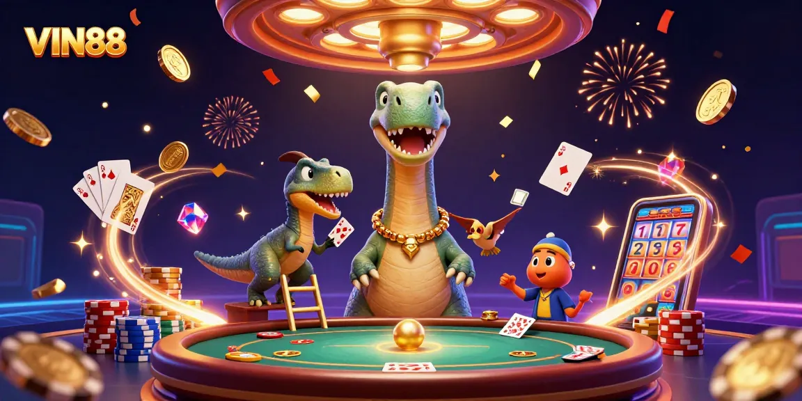 Experience the excitement of VIN88 with a vibrant casino scene showcasing a raptor dealing cards.