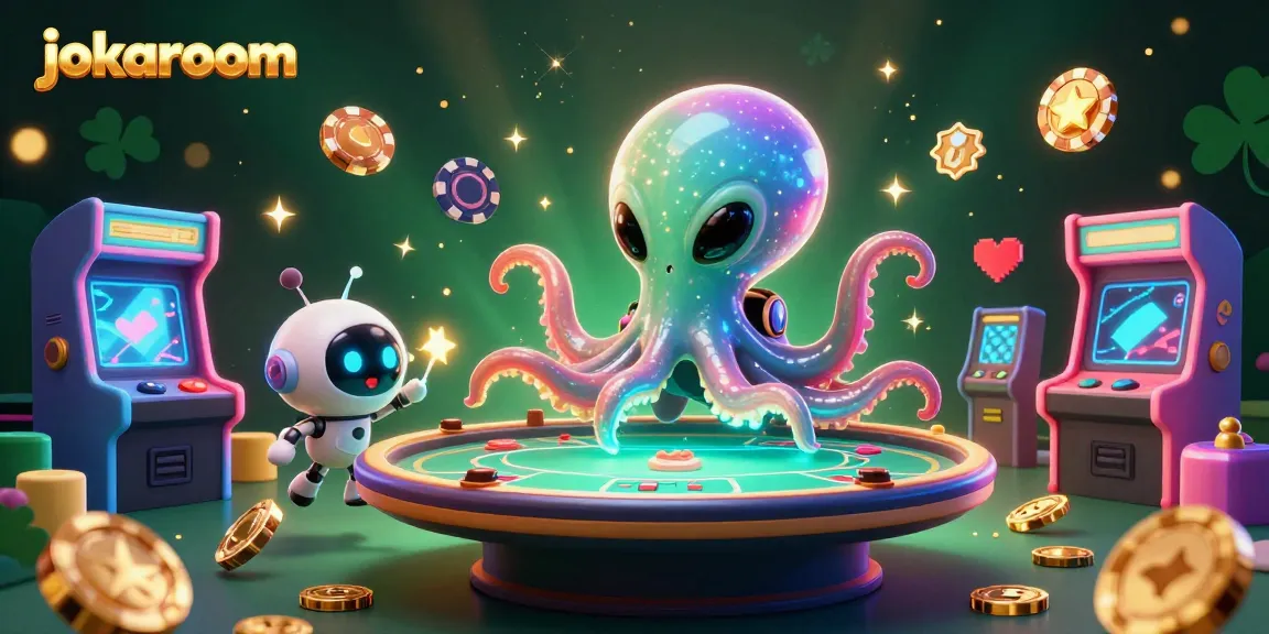 Experience thrilling gameplay at jokaroom with an alien octopus and robot at a holographic poker table.