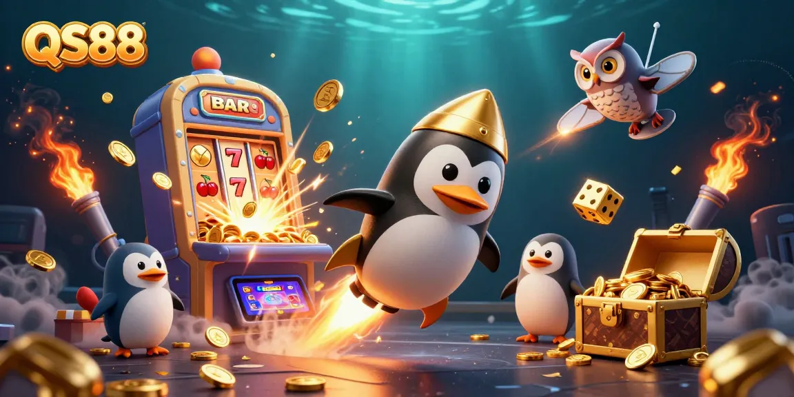 Experience the excitement at QS88 with a golden penguin soaring toward a vibrant casino universe packed with jackpots and thrilling games.